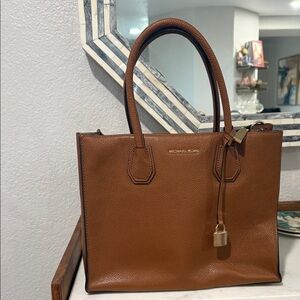 Michael Kors Medium Mercer Brown Pebbled Leather Satchel with Gold Hardware